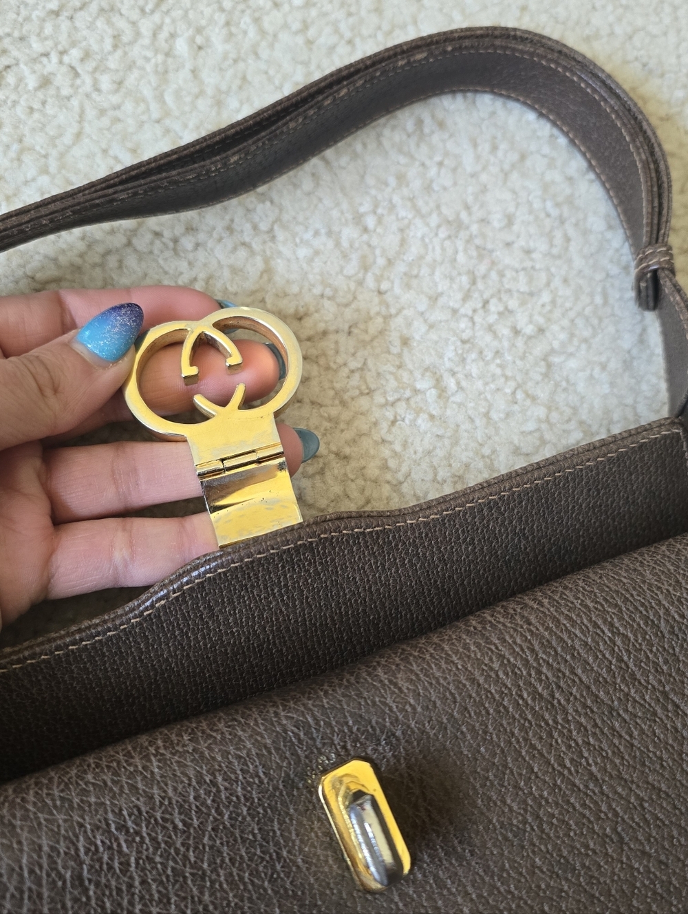 Vintage Gucci Brown Leather Structured Shoulder Bag with GG Logo & Serial # - Picture 9 of 16